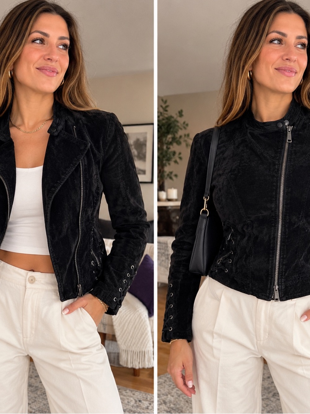 Free People Black Suede Lace-Up Bomber Jacket